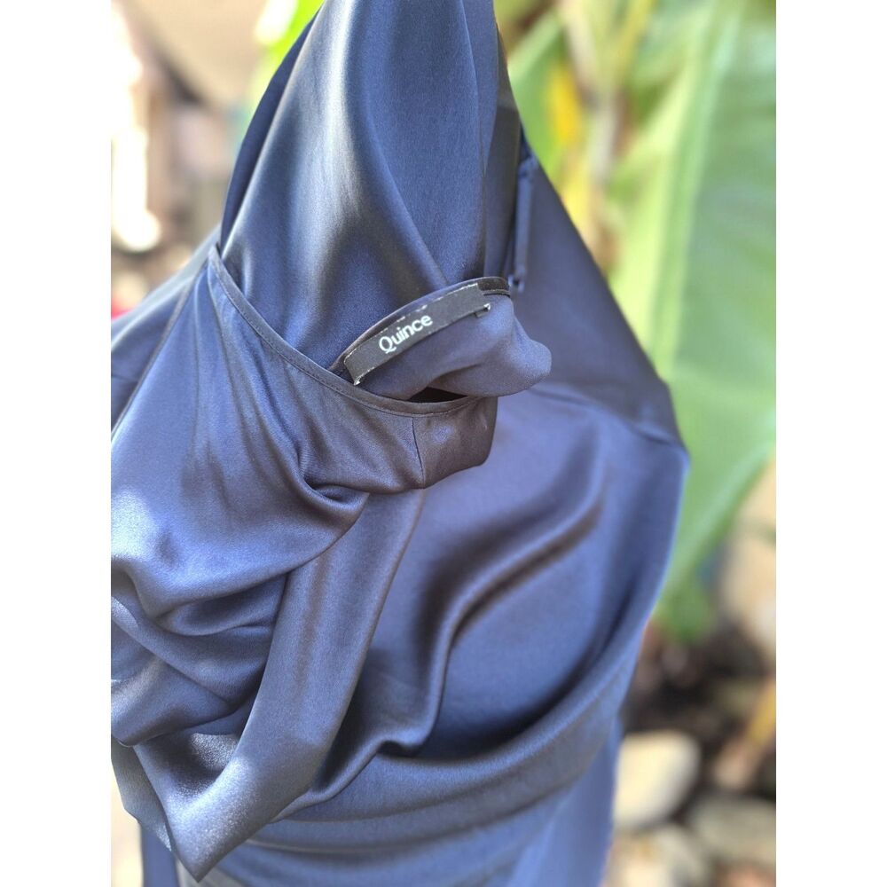 Quince 100% Washable Silk Satin Royal Navy Draped Slip Midi Dress SZ S Bias Cut - Picture 4 of 13